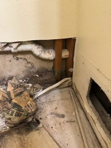 Water damage visible on wall corner with wet drywall and exposed wooden frame